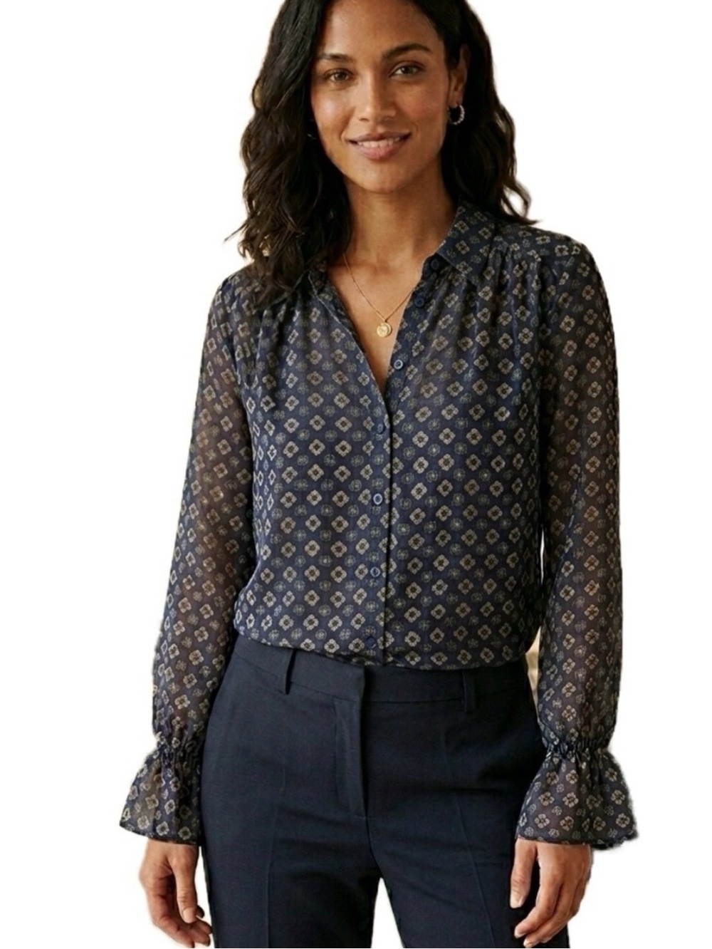 Cabi Small navy mosaic print sheer long sleeve blouse